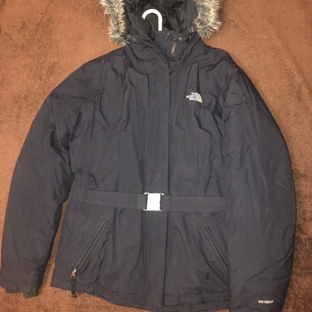 Black North Face Hyvent winter coat with fur trim.